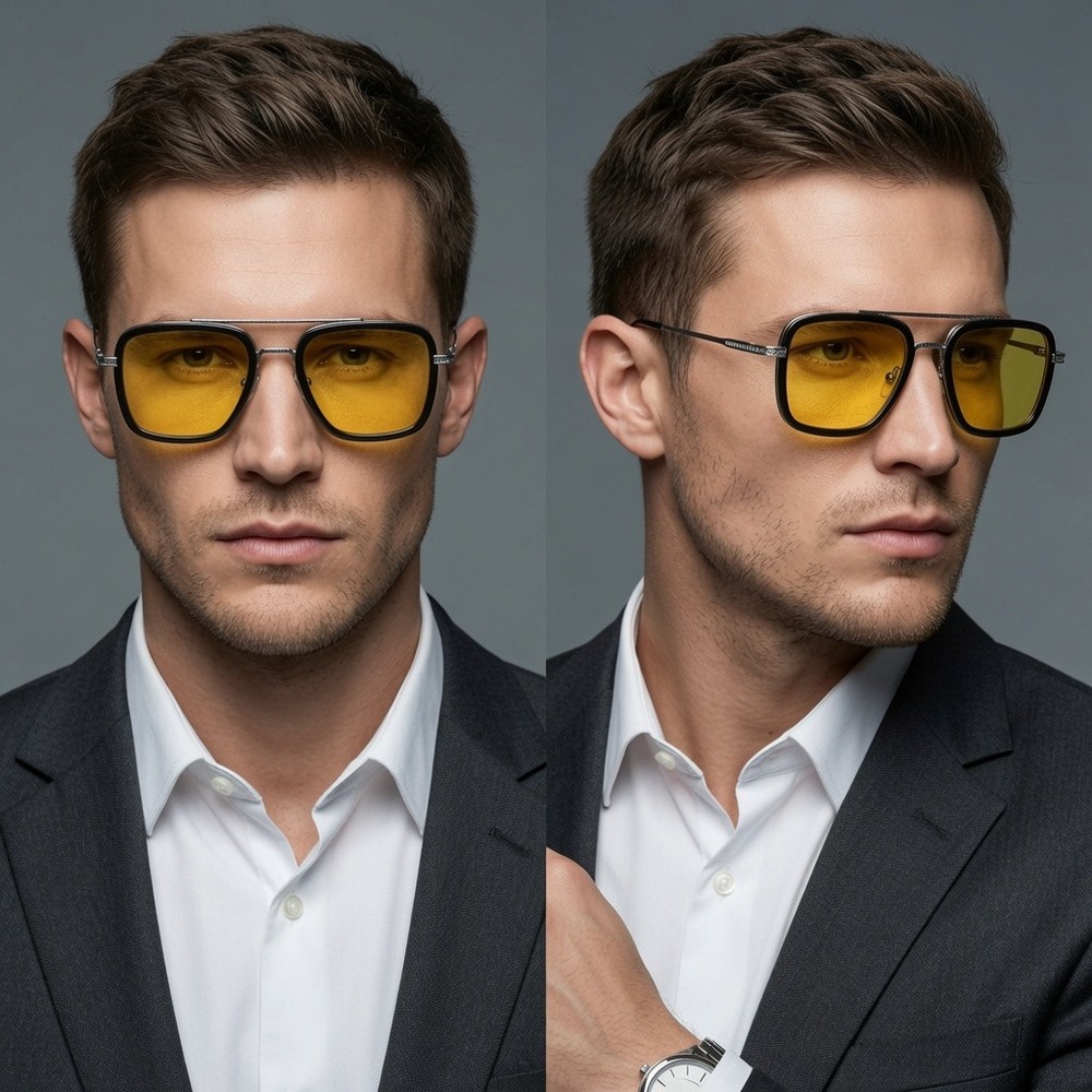 Mens Square Aviator Sunglasses Yellow Lens Silver Frame Tony Stark Style Edith
